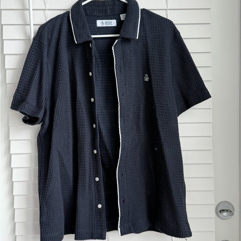 Men Original Penguin Navy Button-Down Waffle Short Sleeve Shirt with White Trim